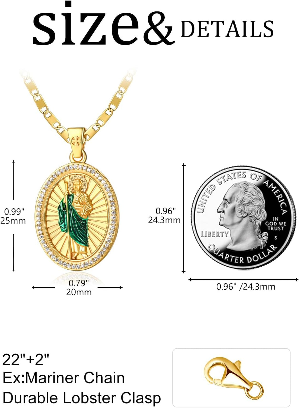 Patron Saint Medals, 14K Gold Catholic Pendant Necklaces, Personalized Christian Jewelry Religious Gifts for Women with 22'+2' Mariner Chain