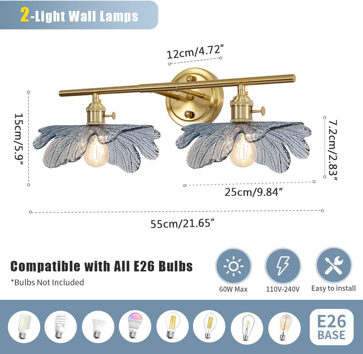 2 Light Bathroom Vanity Light Gold Brass Wall Sconce with Blue Flower Glass Shade Mid Century Wall Light Vintage Wall Sconce Art Deco Bathroom Lights Over Mirror for Bedroom Hallway Living Room