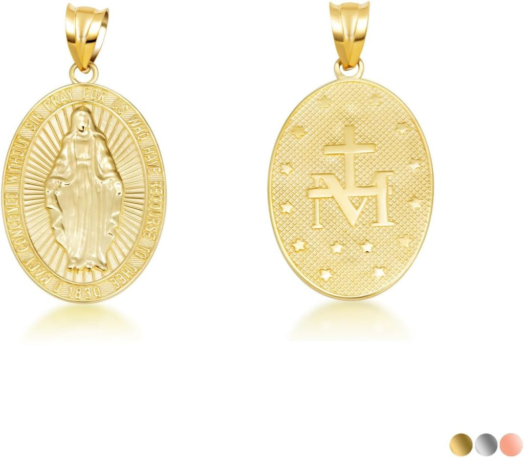 Gold Reversible Virgin Mary Miraculous Medal Pendant Necklace | 10K or 14K Yellow, Rose, or White Gold | Choice of Chain Length/Pendant Only