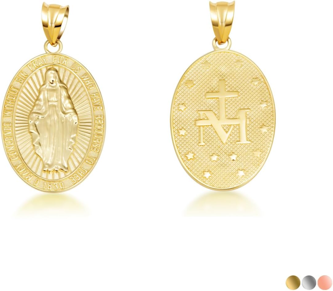 Gold Reversible Virgin Mary Miraculous Medal Pendant Necklace | 10K or 14K Yellow, Rose, or White Gold | Choice of Chain Length/Pendant Only