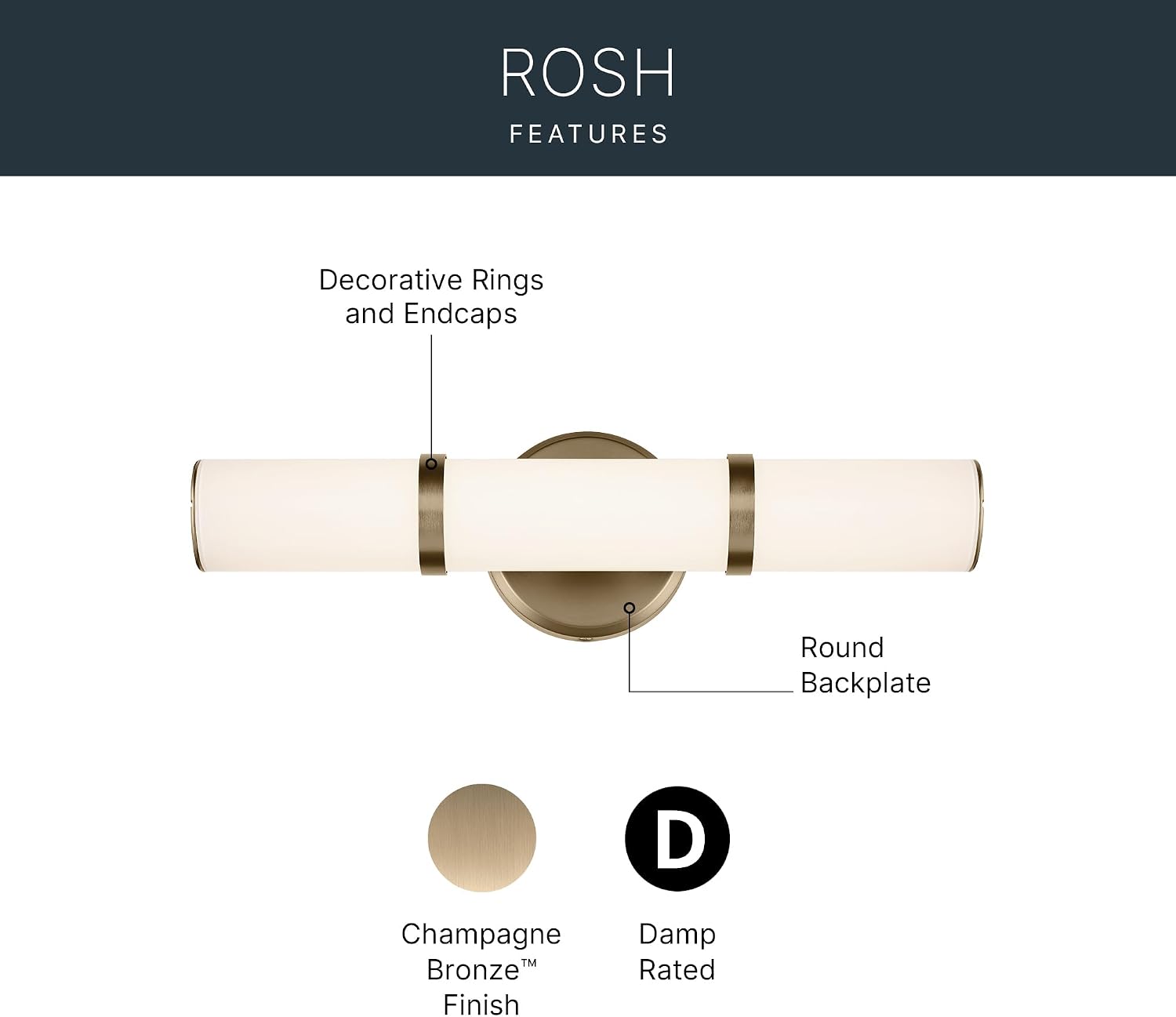 Kichler Rosh 18 in LED Bathroom Vanity Light Fixture with White Glass in Champagne Bronze, Modern Minimalist Bath Bar for Mirror, Dimmable (18 in W x 5 in H), 55187CPZLED