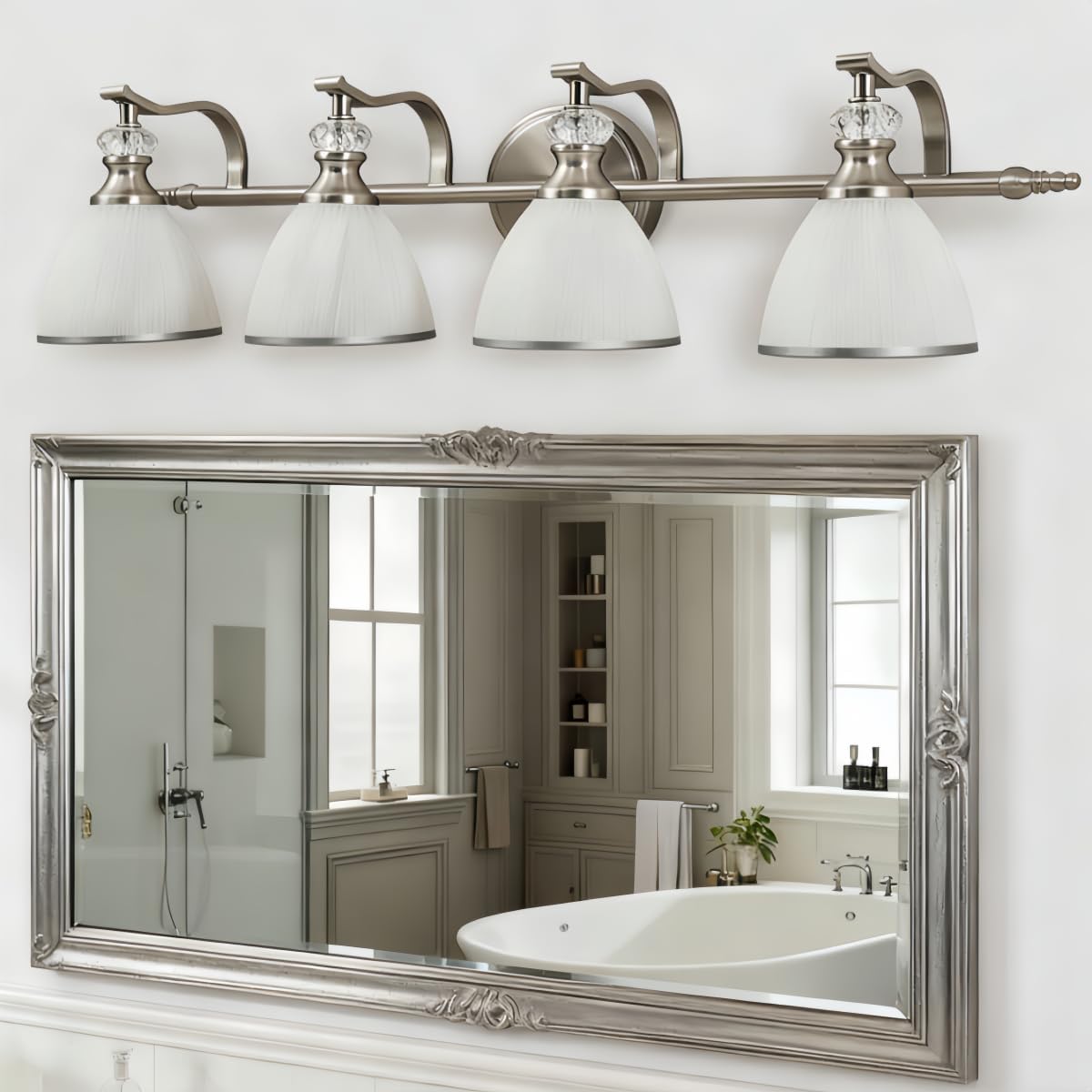 ANDY STAR Bathroom Light Fixtures Over Mirror, 4-Light Brushed Nickel Vanity Lights for Bathroom, 27.8 Inch Vintage Wall Sconce with Milk White Bell Glass Shades, Rustproof Silver Finish, E26 Base