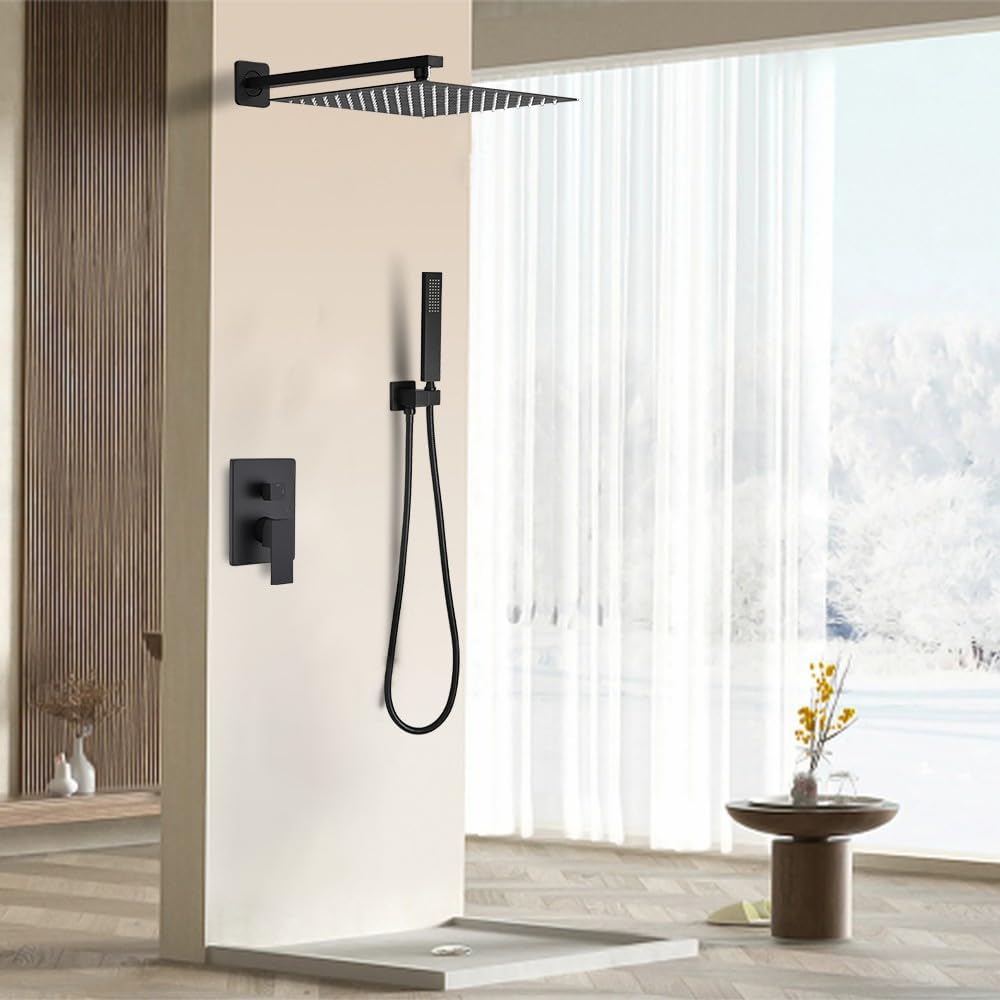 Matte Black Shower System 16 Inch Bathroom Luxury Rain Mixer Shower Combo Set Wall Mounted Rainfall Shower Head and Handheld System Shower Faucet Set Rough-in Valve Body and Trim Kit
