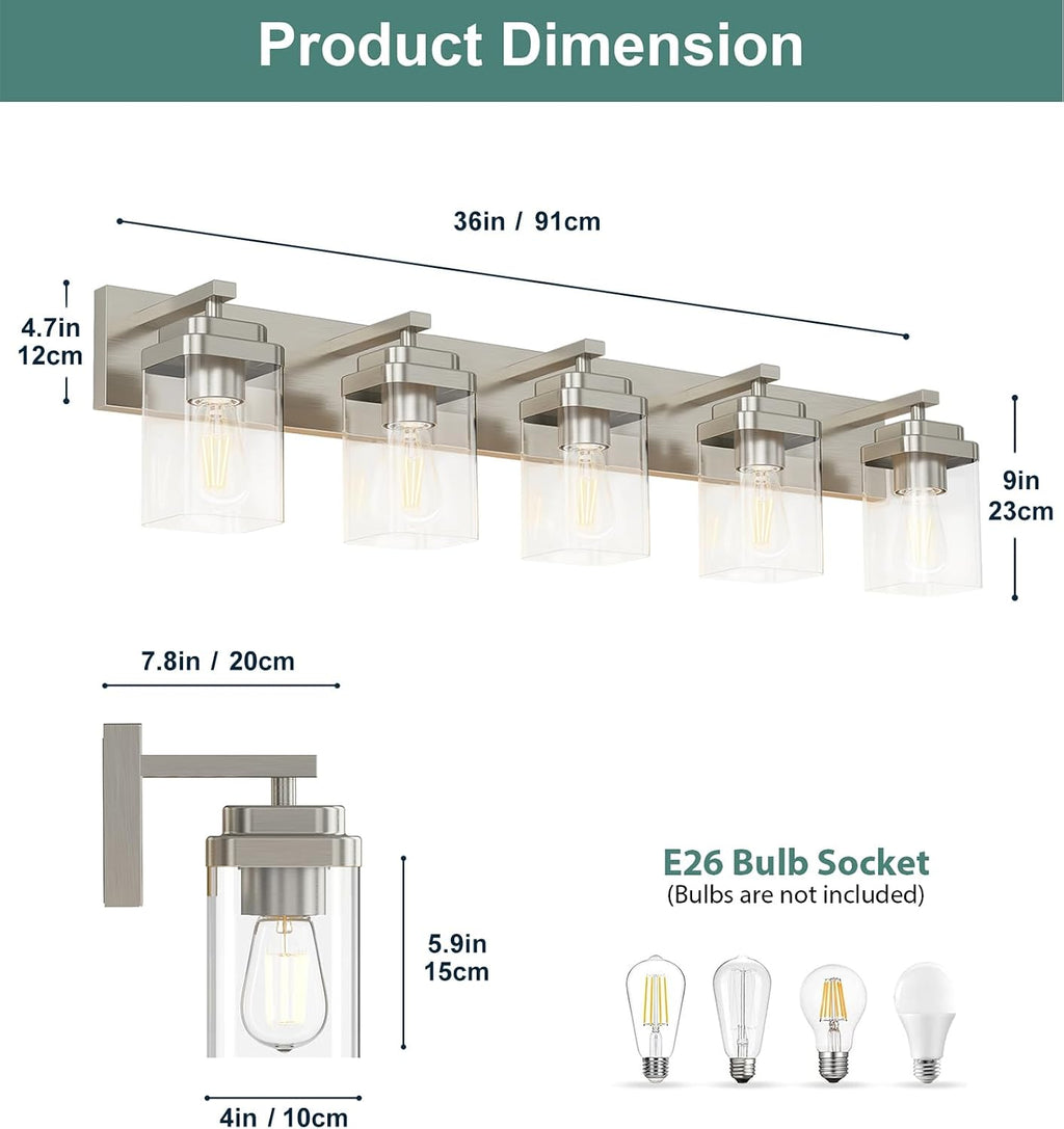 Brushed Nickel Bathroom Light Fixtures, 5 Lights Bathroom Lighting Fixtures Over Mirror, Square Design & Rectangle Large Backplate, Modern Vanity Lighting Fixtures, for Living Room/Bedroom