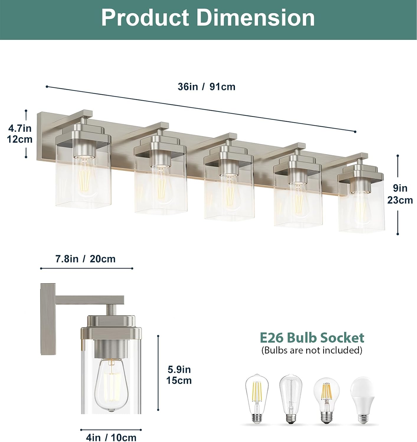 Brushed Nickel Bathroom Light Fixtures, 5 Lights Bathroom Lighting Fixtures Over Mirror, Square Design & Rectangle Large Backplate, Modern Vanity Lighting Fixtures, for Living Room/Bedroom