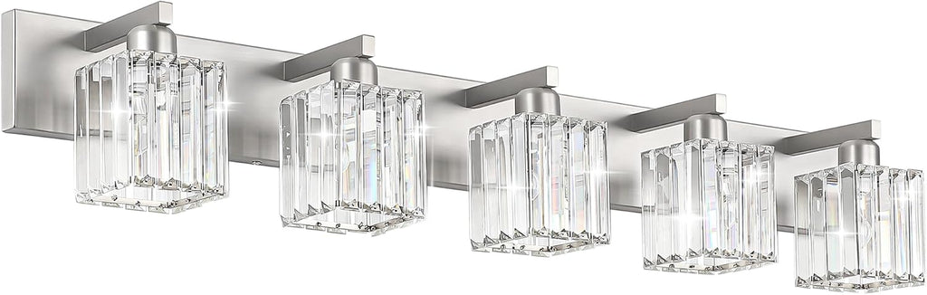 Aipsun Brushed Nickel Bathroom Lighting Fixtures 5 Light Vanity Light Crystal Modern Bathroom Vanity Light (Exclude Bulb)