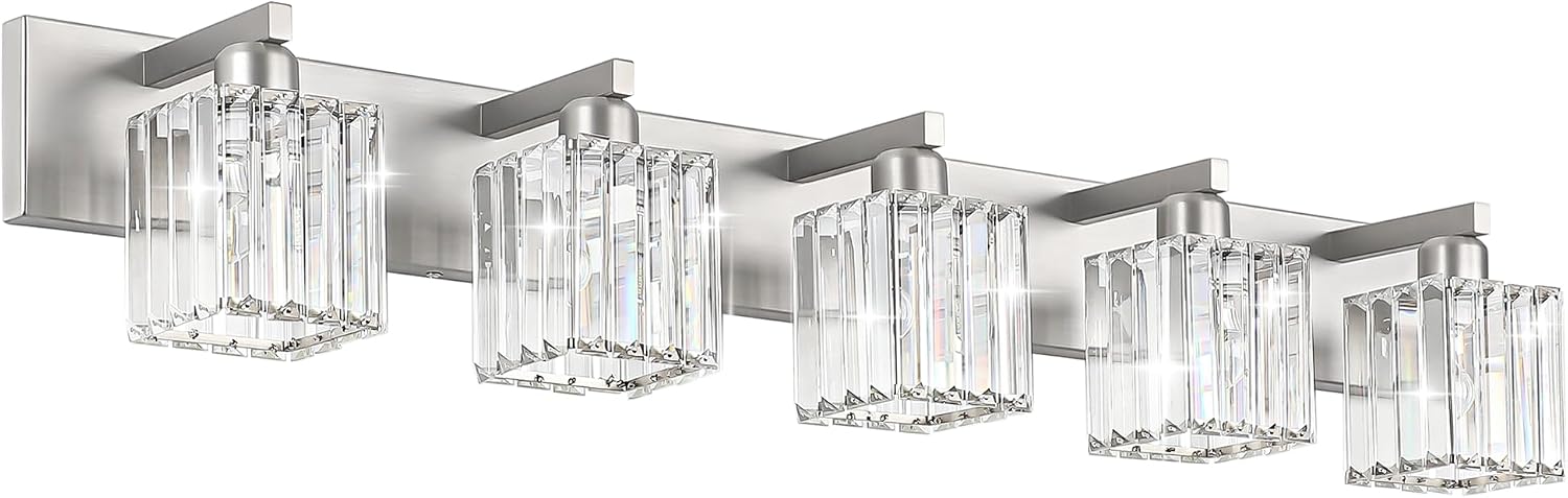 Aipsun Brushed Nickel Bathroom Lighting Fixtures 5 Light Vanity Light Crystal Modern Bathroom Vanity Light (Exclude Bulb)