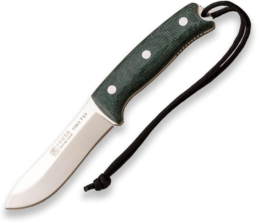 Joker OSO TS1 CV140-P Survival Knife, 4.33 in Böhler N695 Stainless Steel Drop Point Blade, Green Micarta Handle, Black Leather Sheath and Ferro Rod, for Survival, Bushcraft, Camping and Hiking Trips
