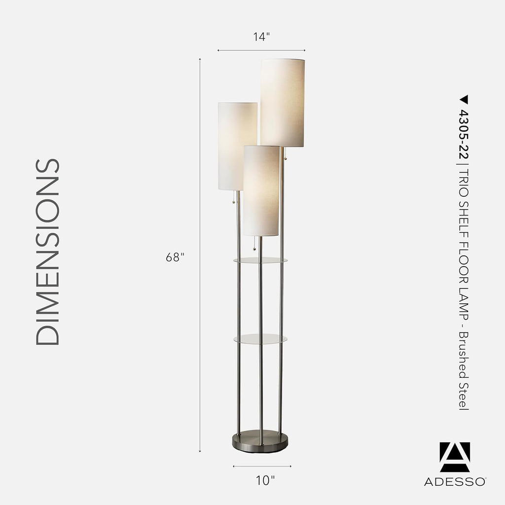 Adesso Trio Floor Lamp with Three Pull Chain Lights and Two-Tier Storage, Brushed Steel Base, White Linen Shades, 68' Tall, Enhances Room Decor and Lighting