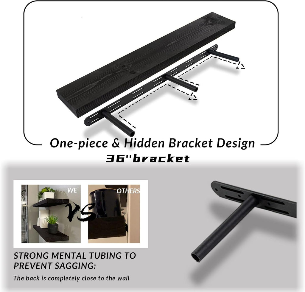 Wood Floating Shelves Set of 2, 36 Inch Long, 8 Inch Deep Solid Wood Wall Mounted Shelves for Living Room Kitchen, Book Shelf for Wall with Hidden Bracket - Black