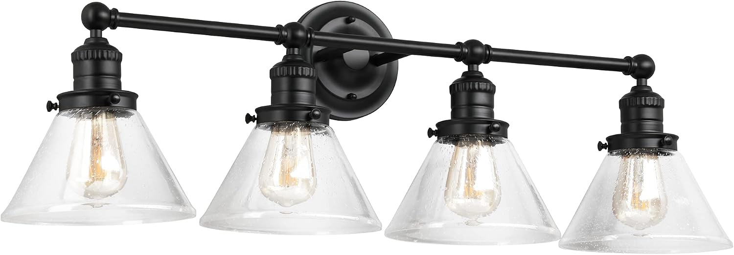 Design House Augustin Vanity Light, 4-Light, Seeded Glass Warm Glow, Dimmable, Up/Down Glow, Easy Installation, E26 Socket, Black, 34.9 in L x 8.3 in D x 11.1 in H, 589044-BLK