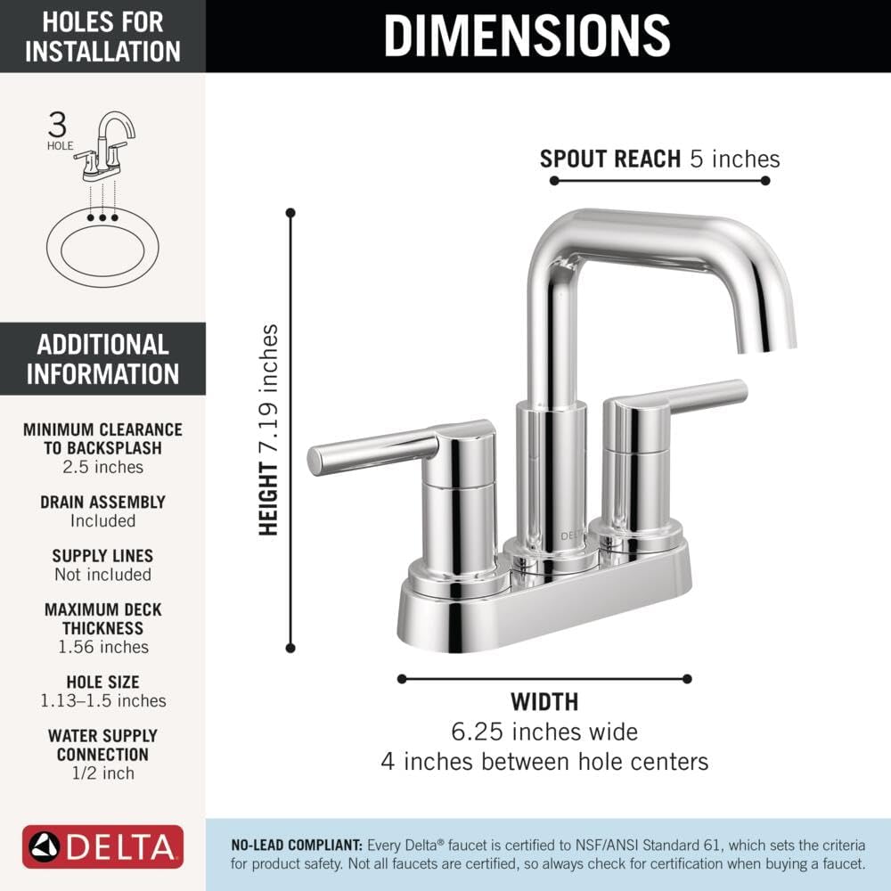 Delta Nicoli Centerset Chrome Bathroom Faucet, 4 Inch 3 Hole Bathroom Sink Faucet for Vanity, Push-Pop Drain Assembly, Chrome 25849LF