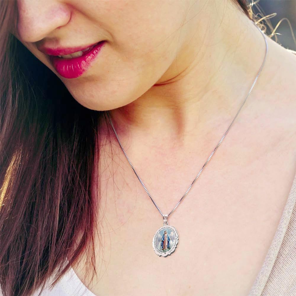 PicturesOnGold.com Miraculous Medal Necklace Catholic Virgin Mary Pendant Oval Pendants for Women & Men Crafted in 10K/14K Yellow or White Gold & Sterling Silver Christian Gifts for Men & Women or First Communion Gifts for Boys or Girls