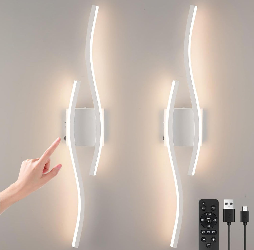 Modern LED Wall Sconce Set of Two, Dimmable Battery Powered Wall Sconces, 3000K-6500K LED Wireless Wall Light with Remote, Wall Lamp Indoor not Hardwired for Room Bedroom Corridor（White）