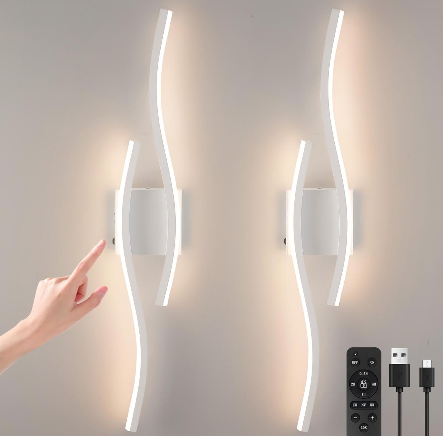 Modern LED Wall Sconce Set of Two, Dimmable Battery Powered Wall Sconces, 3000K-6500K LED Wireless Wall Light with Remote, Wall Lamp Indoor not Hardwired for Room Bedroom Corridor（White）