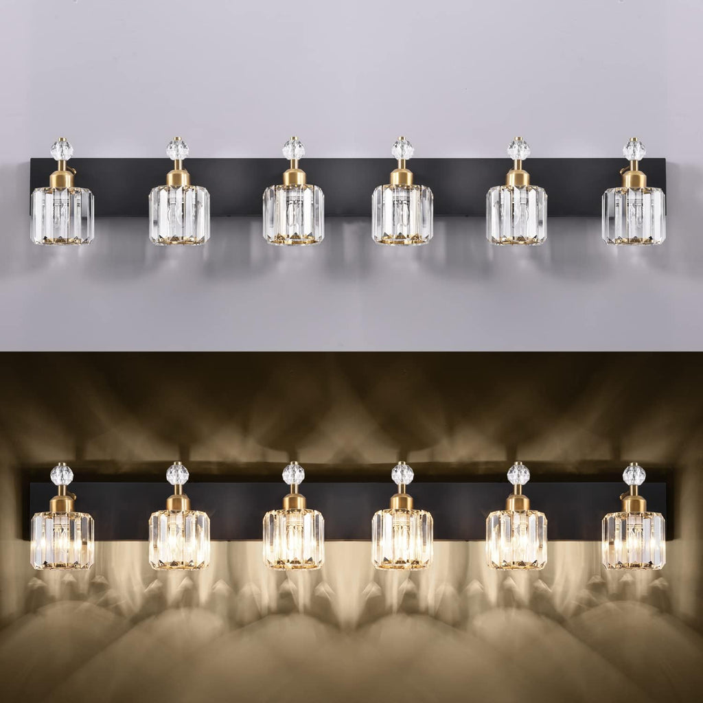 PRESDE Crystal 6 Light Bathroom Vanity Lights Black and Gold Bathroom Lights Fixtures Over Mirror Modern Bedroom Hallway