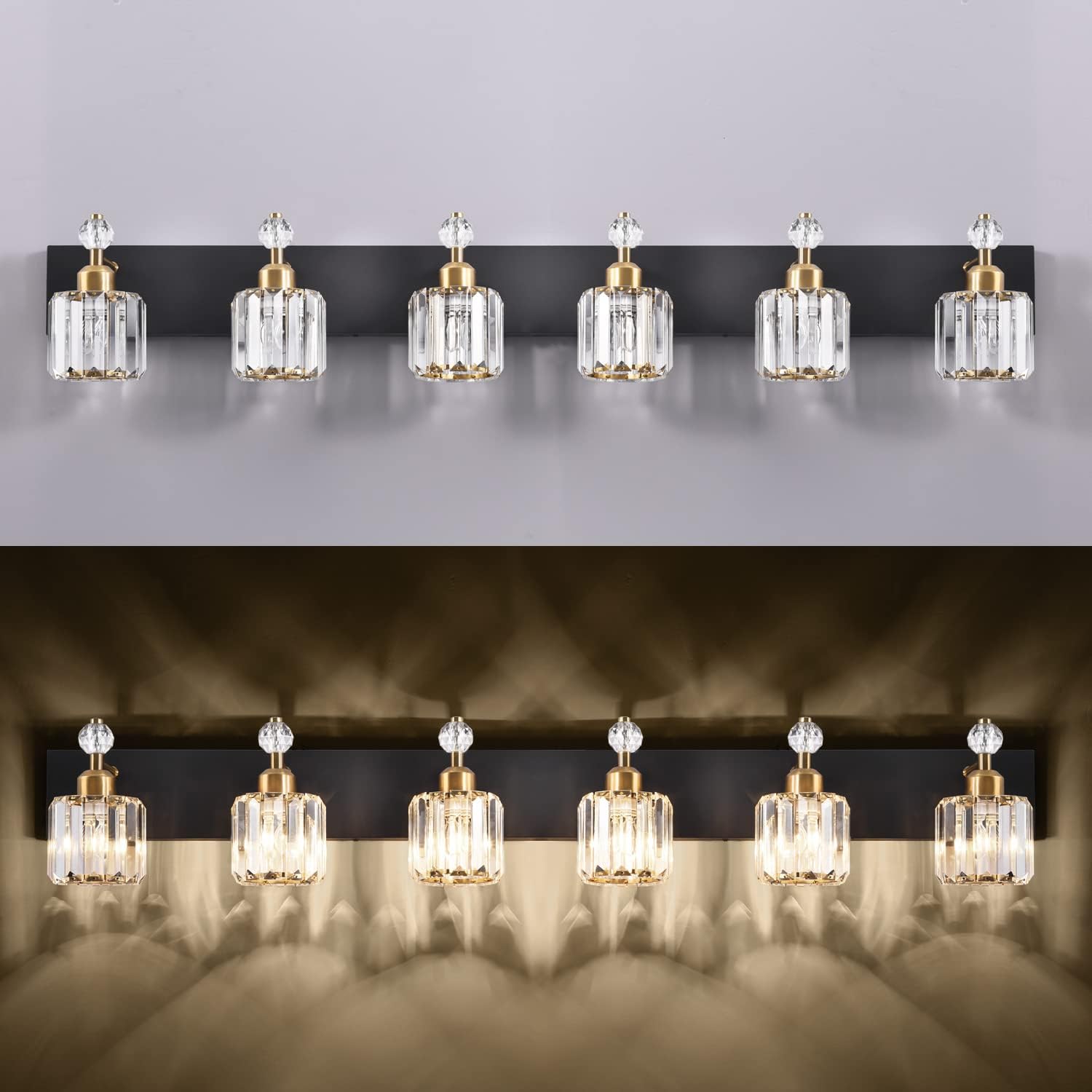PRESDE Crystal 6 Light Bathroom Vanity Lights Black and Gold Bathroom Lights Fixtures Over Mirror Modern Bedroom Hallway