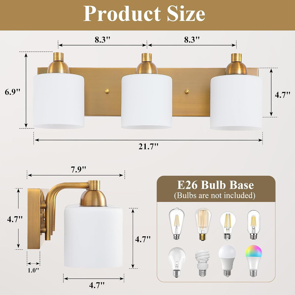 Mecgirn Stainless Steel Milk Glass Vanity Lights for Bathroom, 3 Light Brass Bathroom Light Fixtures Over Mirror, Ceramic E26 Sockets Wall Mounted