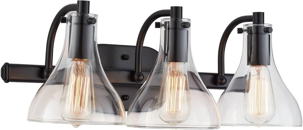 Possini Euro Design Sorren Industrial Modern Wall Light Black Metal Hardwired 20 1/2' 3-Light Fixture Curving Clear Glass Shade for Bedroom Bedside Bathroom Vanity Living Room Hallway Dining House