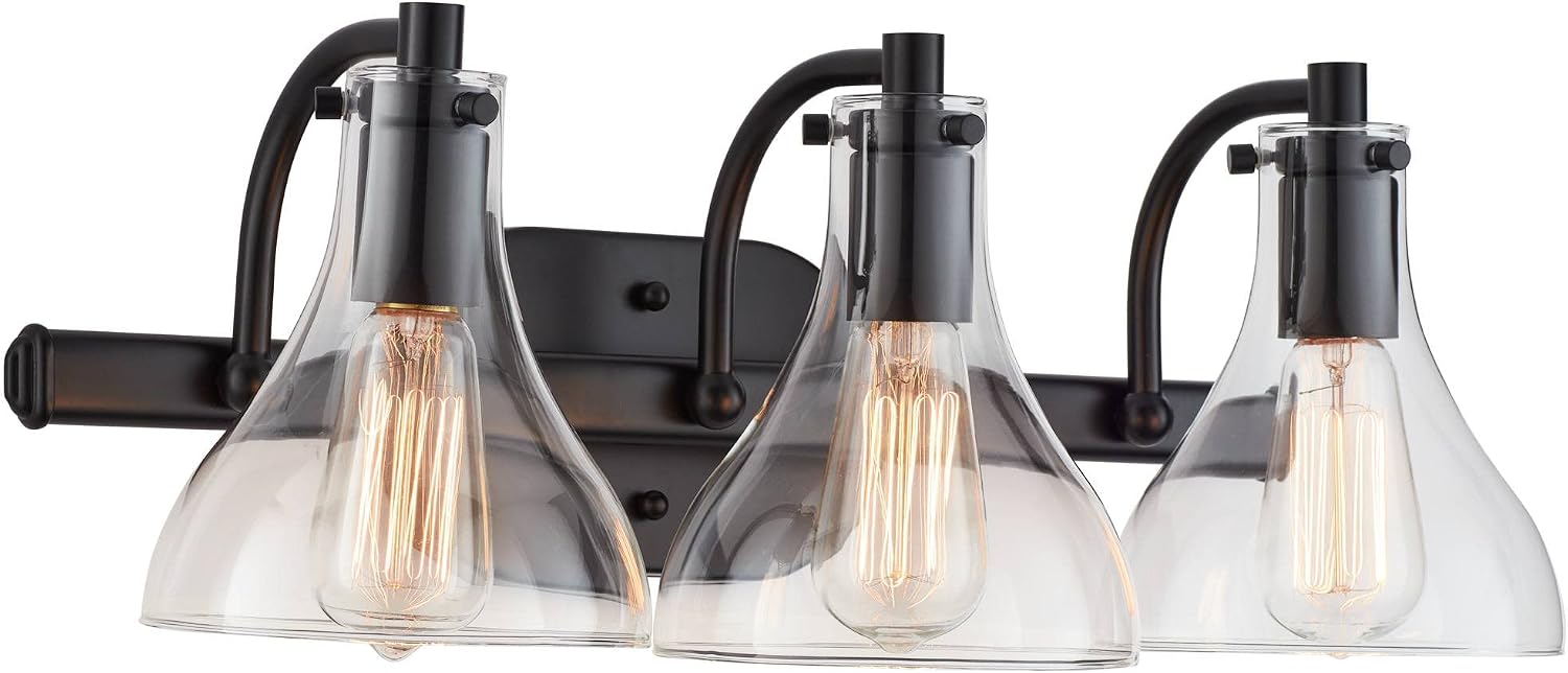 Possini Euro Design Sorren Industrial Modern Wall Light Black Metal Hardwired 20 1/2' 3-Light Fixture Curving Clear Glass Shade for Bedroom Bedside Bathroom Vanity Living Room Hallway Dining House