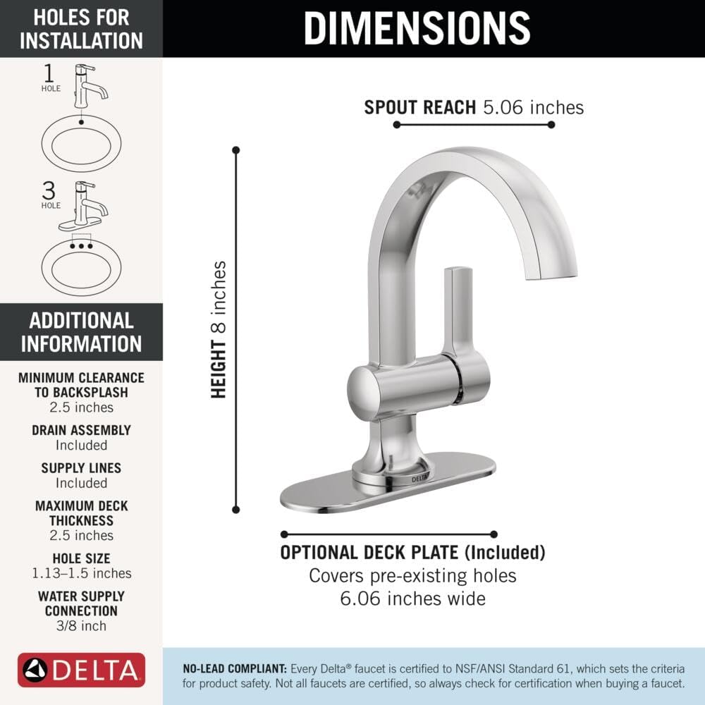 Delta Albion Chrome Bathroom Faucet 1 Hole, Single Hole Bathroom Sink Faucet for Vanity, Metal Push-Pop Drain Assembly, Chrome 15855LF