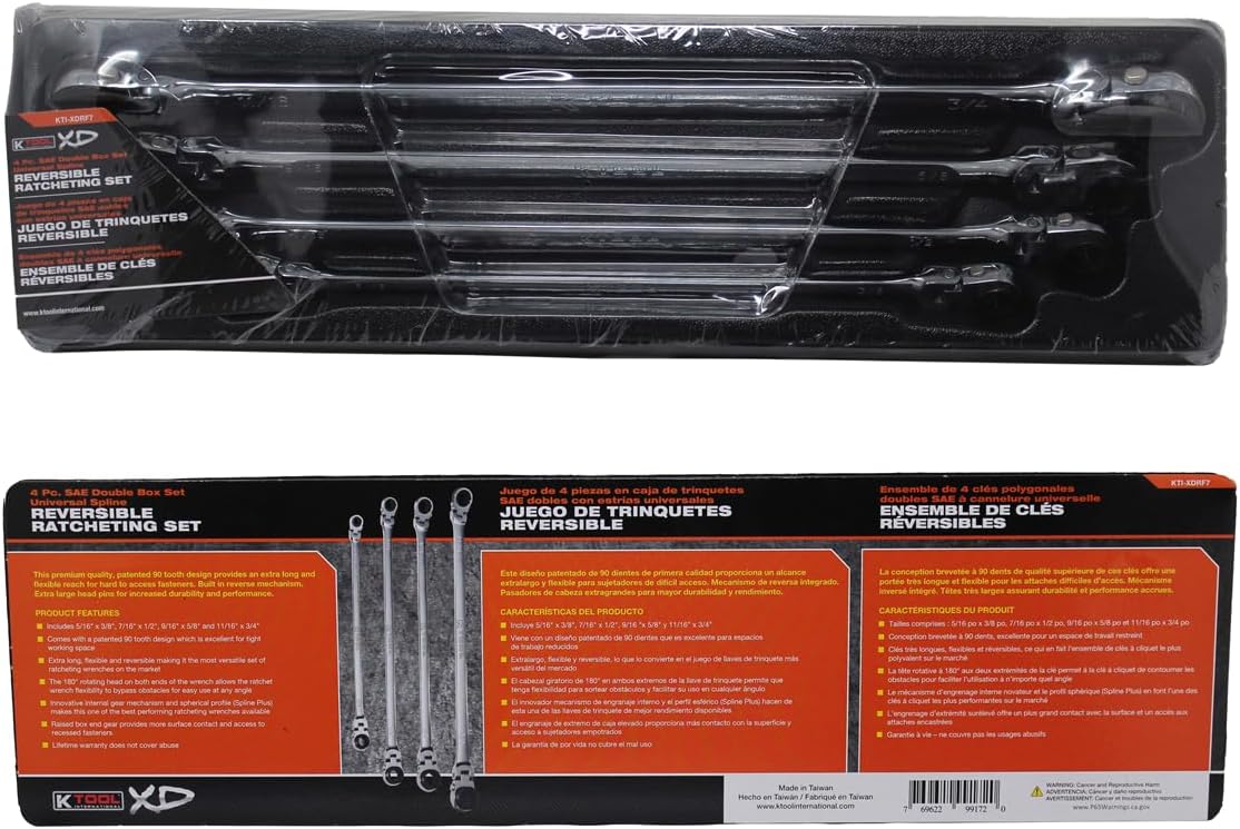 K Tool International KTIXDRF7 Extra Long Ratcheting Wrench Set, Reversible 90 Tooth Mechanism, Rotating Heads, Spline Drive Profile, Four Piece Configuration