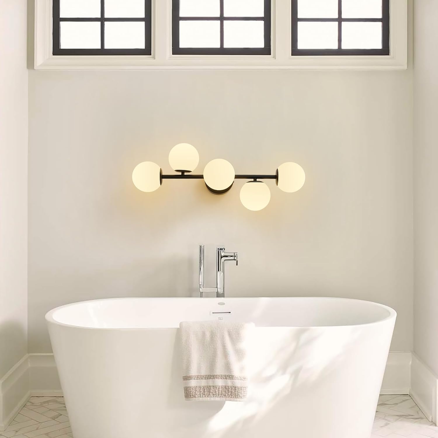 Black LED Bathroom Vanity Light: 5 Lights Mid Century Modern Milk White Glass Globe Vanity Light Fixture over Mirror - Unique Dimmable Hardwired Matte Black Bath Room Makeup Globe Wall Sconce Lighting