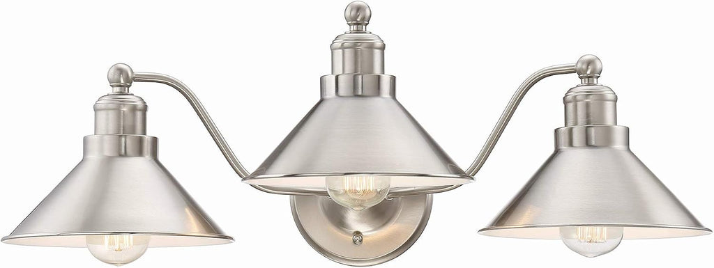Kira Home Welton 25.5' 3-Light Modern Farmhouse Vanity Light with Funnel Shades, Industrial Silver Wall Sconce Bathroom Light, Brushed Nickel Finish