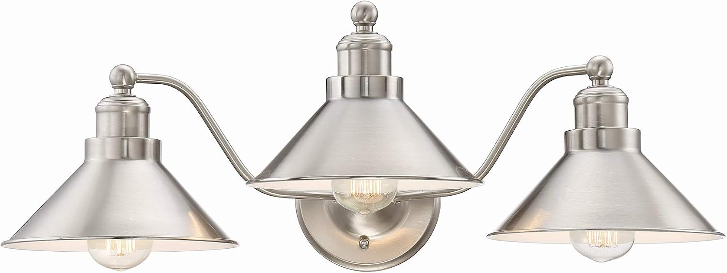 Kira Home Welton 25.5' 3-Light Modern Farmhouse Vanity Light with Funnel Shades, Industrial Silver Wall Sconce Bathroom Light, Brushed Nickel Finish