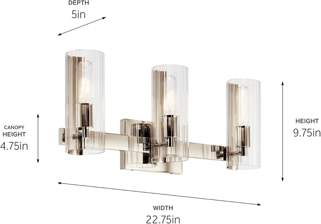 Kichler Jemsa 3-Light Bathroom Vanity Light Fixture, Modern Wall Mount Light with Clear Fluted Glass in Polished Nickel for Powder Room or Bathroom (9.75' x 22.75'), 55168PN