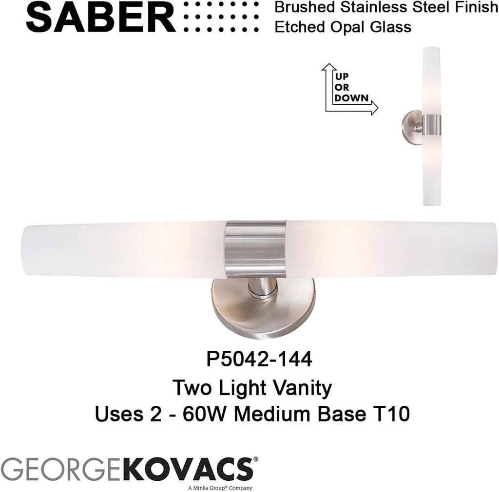 GEORGE KOVACS P5042-144 Saber Vanity Bath Light, 2-Light, 120 Total Watts, 4.75-in H x 20-in W, Brushed Stainless Steel