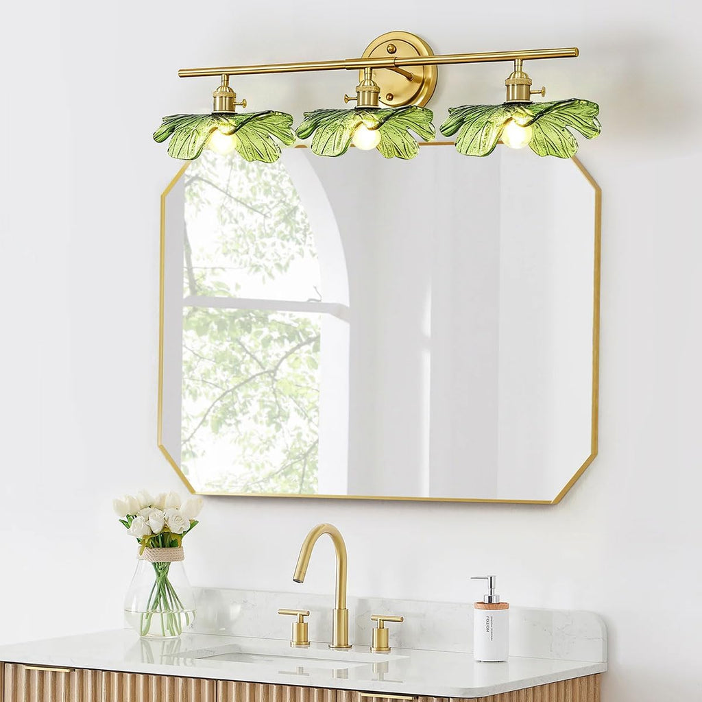 3 Light Bathroom Lighting fixtures Over Mirror, Gold brass Wall Sconce Vintage Bathroom Vanity Light Green Glass Wall Sconce mid Century Modern Wall lamp Art Deco Vanity Lights for Living Room Bedroom