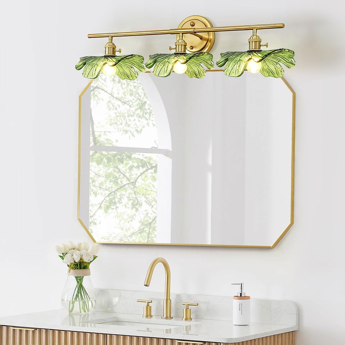 3 Light Bathroom Lighting fixtures Over Mirror, Gold brass Wall Sconce Vintage Bathroom Vanity Light Green Glass Wall Sconce mid Century Modern Wall lamp Art Deco Vanity Lights for Living Room Bedroom