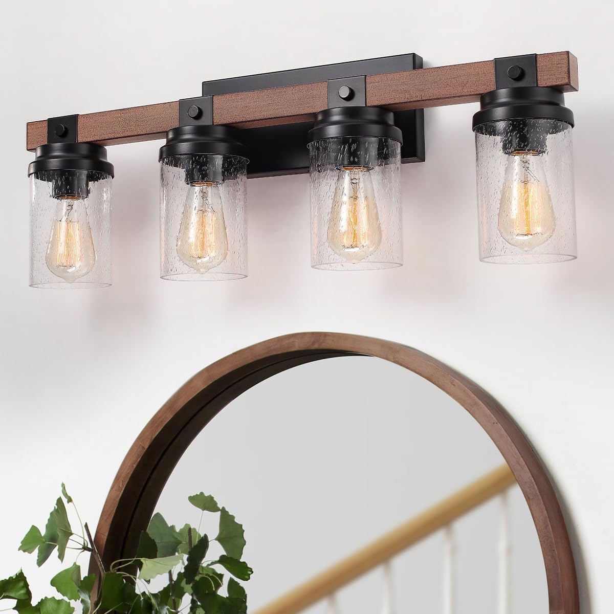 4-Lights Farmhouse Bathroom Vanity Light, Rustic Wood Bathroom Light Fixtures Over Mirror Antique Black Vanity Light with Clear Glass Shade, Farmhouse Wall Sconces Lighting