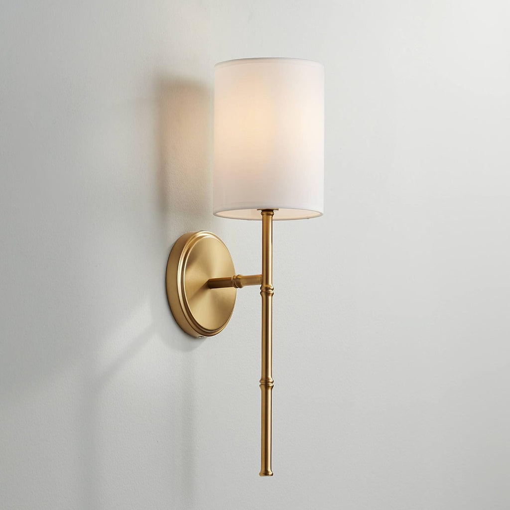 Regency Hill Abigale Modern Luxury Wall Lamp Brass Gold Metal Hardwired 5' Wide Fixture White Fabric Cylinder Shade for Bedroom Bathroom Vanity Reading Living Room Hallway