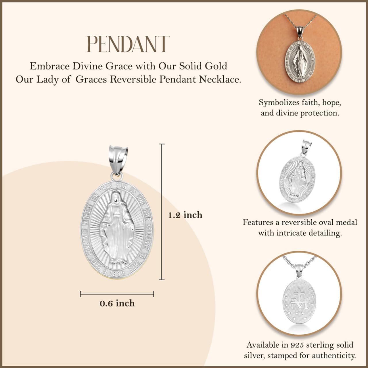 Gold Reversible Virgin Mary Miraculous Medal Pendant Necklace | 10K or 14K Yellow, Rose, or White Gold | Choice of Chain Length/Pendant Only