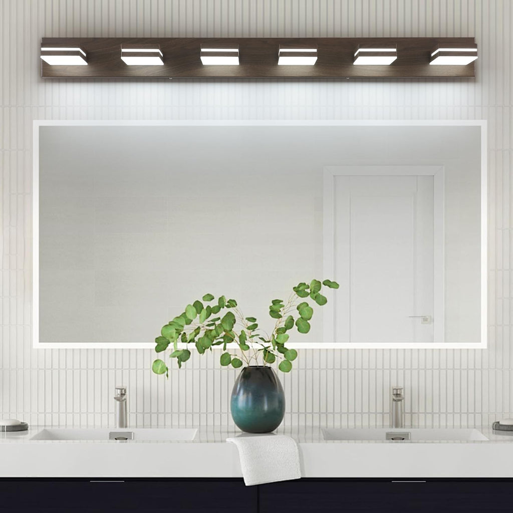 SineRise LED Modern Bathroom Vanity Light Fixtures (6-Light, 48-Inch, Dimmable), Brown Wood Painted Modern Acrylic Bathroom Wall Lighting Fixtures Over Mirror (Cool White 6000K)