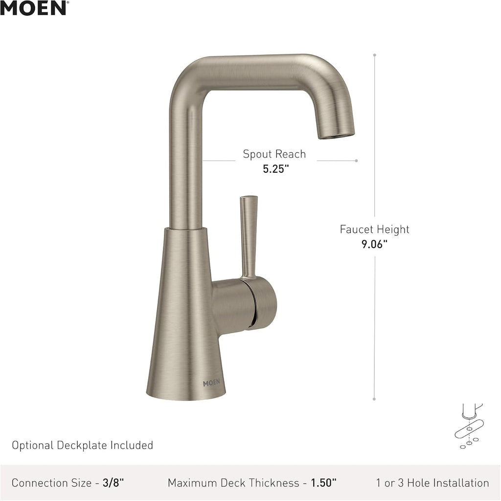 Moen Ronan Bronzed Gold Double Bend Single Hole Modern Bathroom Sink Faucet with Optional Deckplate and Spring Loaded Drain Assembly, 84024BZG