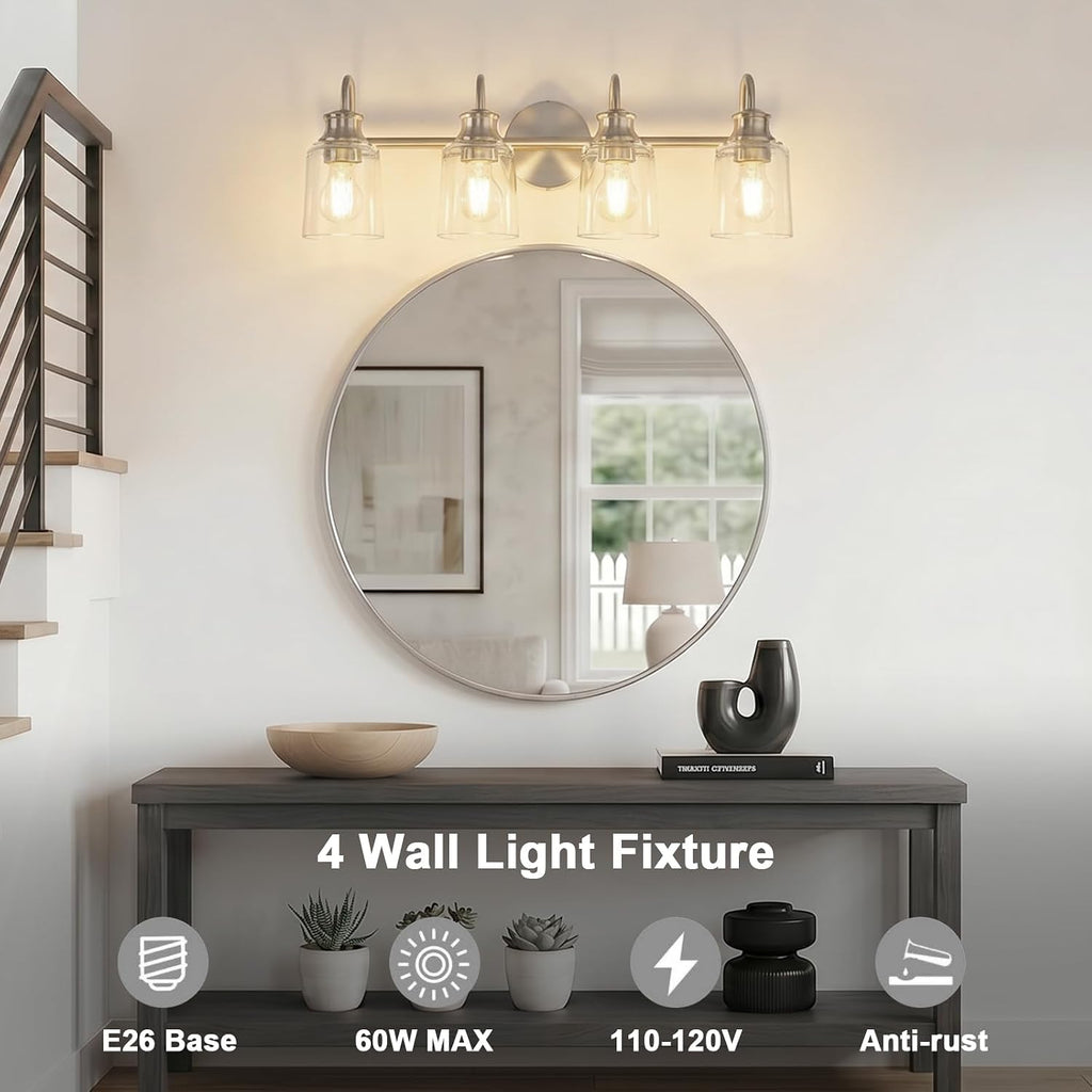 4 Lights Bathroom Light Fixtures Modern Brushed Nickel Vanity Lights for Bathroom Lighting Fixtures Over Mirror with Clear Glass Shade for Cabinet Mirror Bedroom Hallway