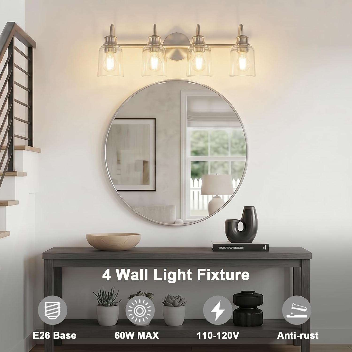 4 Lights Bathroom Light Fixtures Modern Brushed Nickel Vanity Lights for Bathroom Lighting Fixtures Over Mirror with Clear Glass Shade for Cabinet Mirror Bedroom Hallway