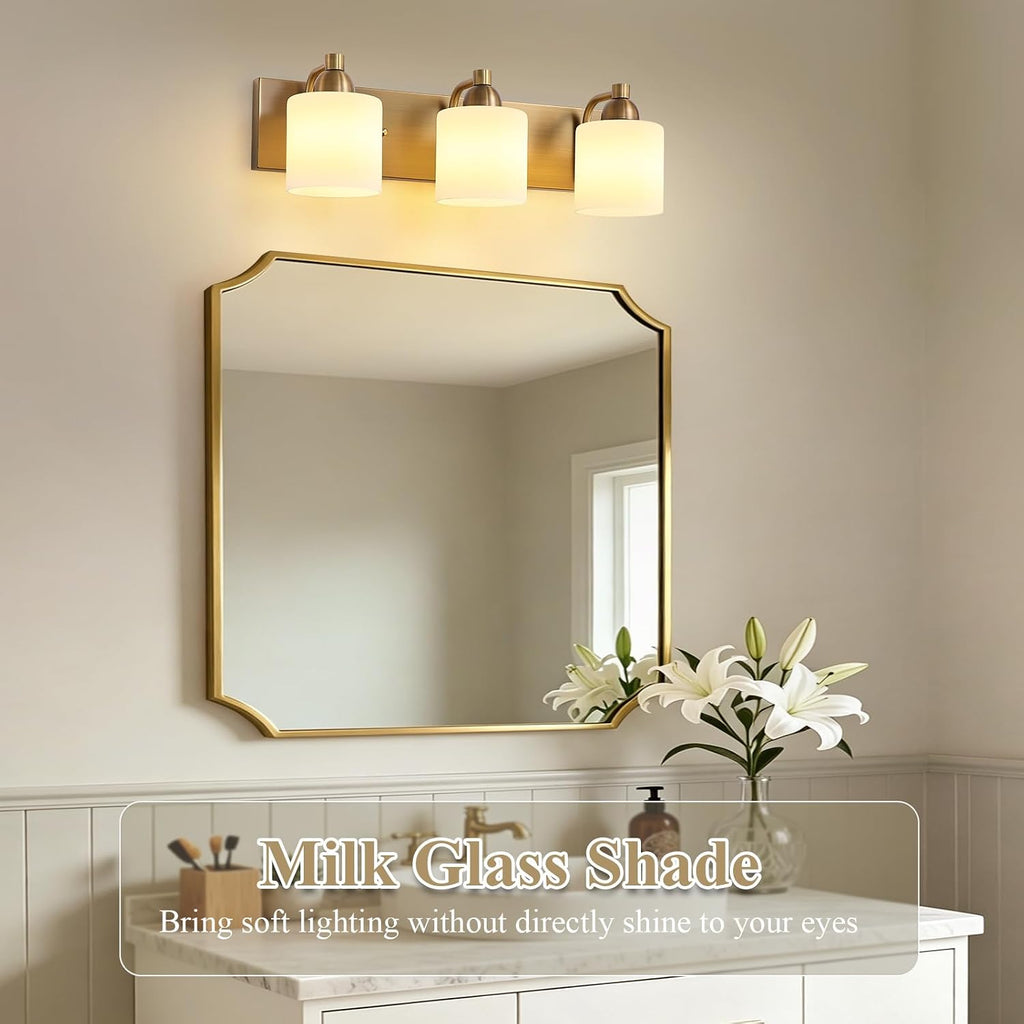 Mecgirn Stainless Steel Milk Glass Vanity Lights for Bathroom, 3 Light Brass Bathroom Light Fixtures Over Mirror, Ceramic E26 Sockets Wall Mounted