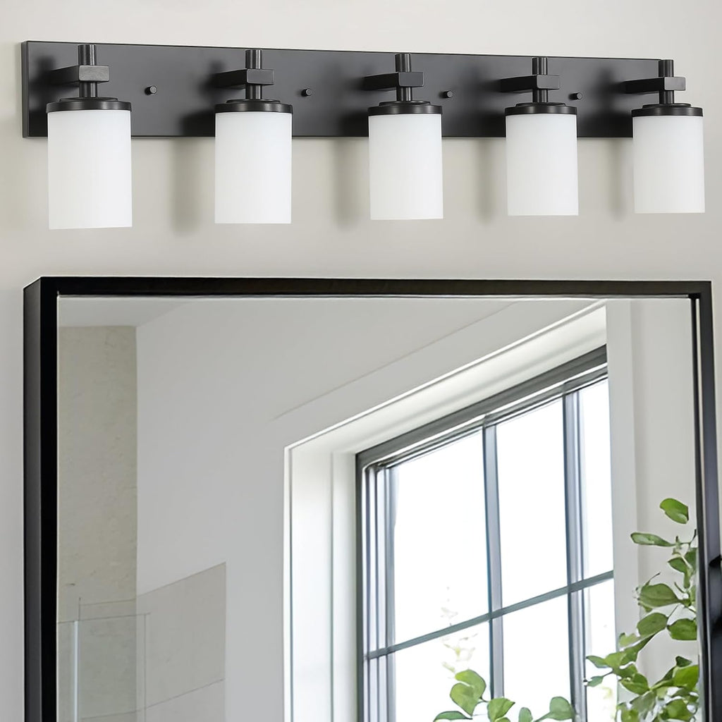 LOUSACE Bathroom Light Fixtures Over Mirror, 5 Light Vanity Lights Matte Black, Modern Bathroom Lighting with Opal White Glass Shades, Wall Sconces Fixture Vanity Lighting for Bedroom Living Room