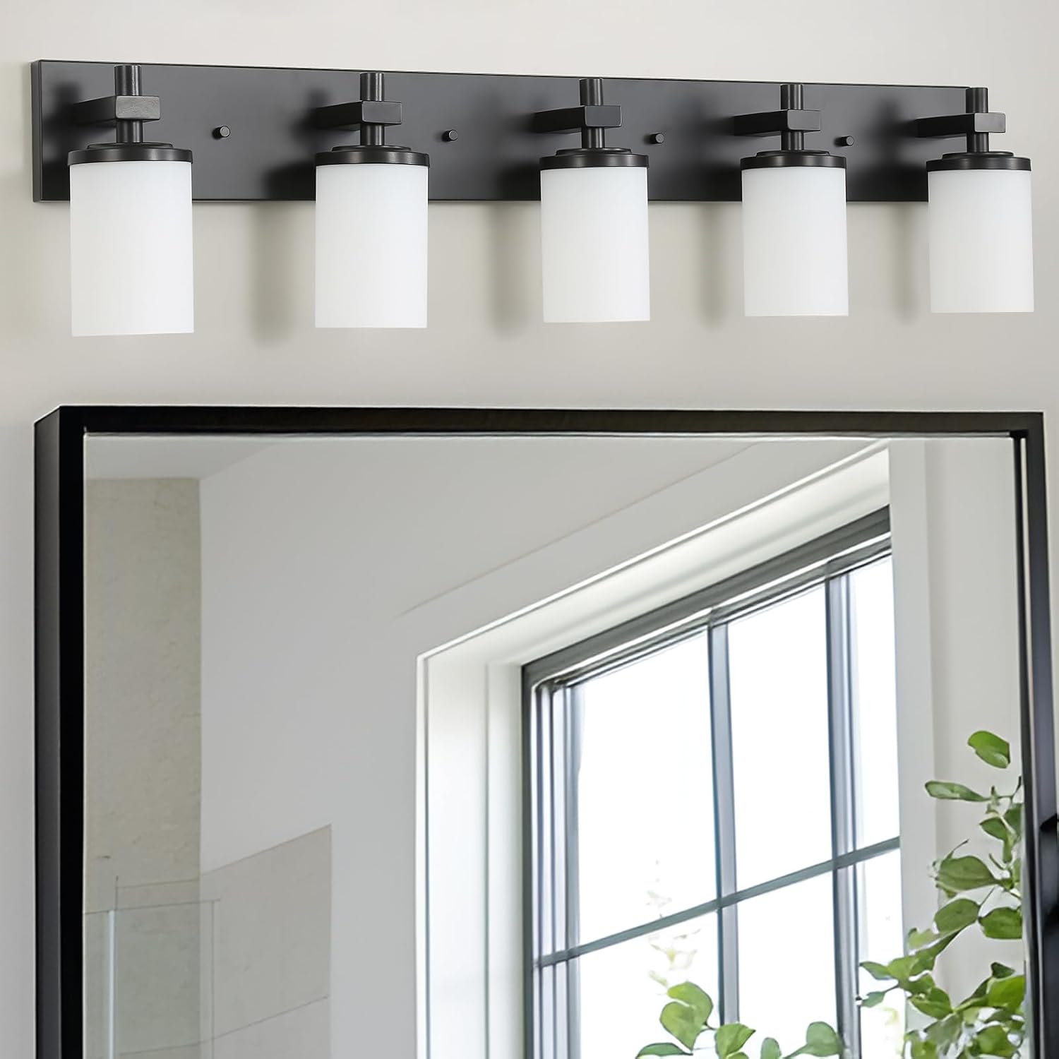 LOUSACE Bathroom Light Fixtures Over Mirror, 5 Light Vanity Lights Matte Black, Modern Bathroom Lighting with Opal White Glass Shades, Wall Sconces Fixture Vanity Lighting for Bedroom Living Room