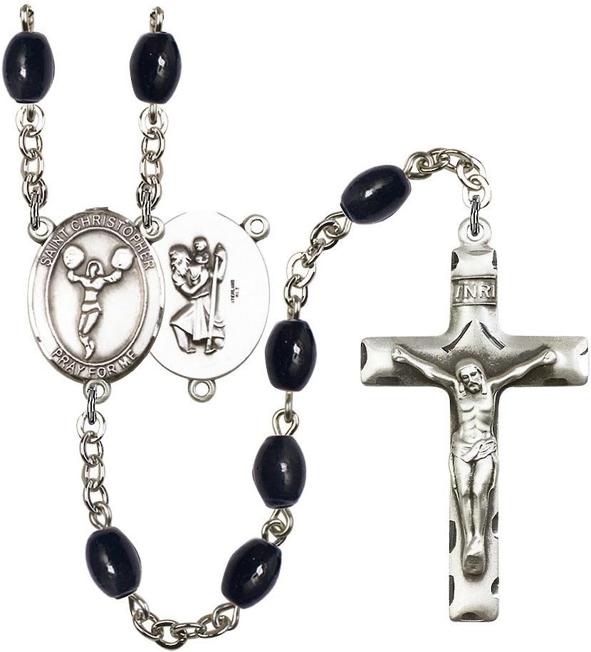 St. Christopher/Cheerleading Silver-Plated Rosary 8x6mm Black Onyx Beads Crucifix Size 1 3/4 x 1 medal charm