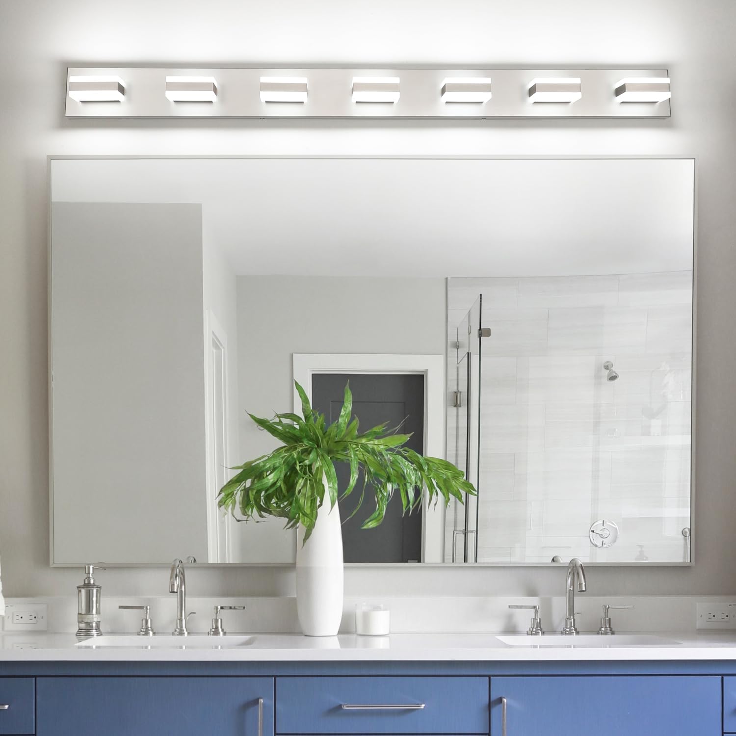 SOLFART Bathroom Vanity Lighting Over Mirror,7 Lights Brushed Nickel Vanity Light, Modern LED Light Fixtures,53 Inch for Bathroom
