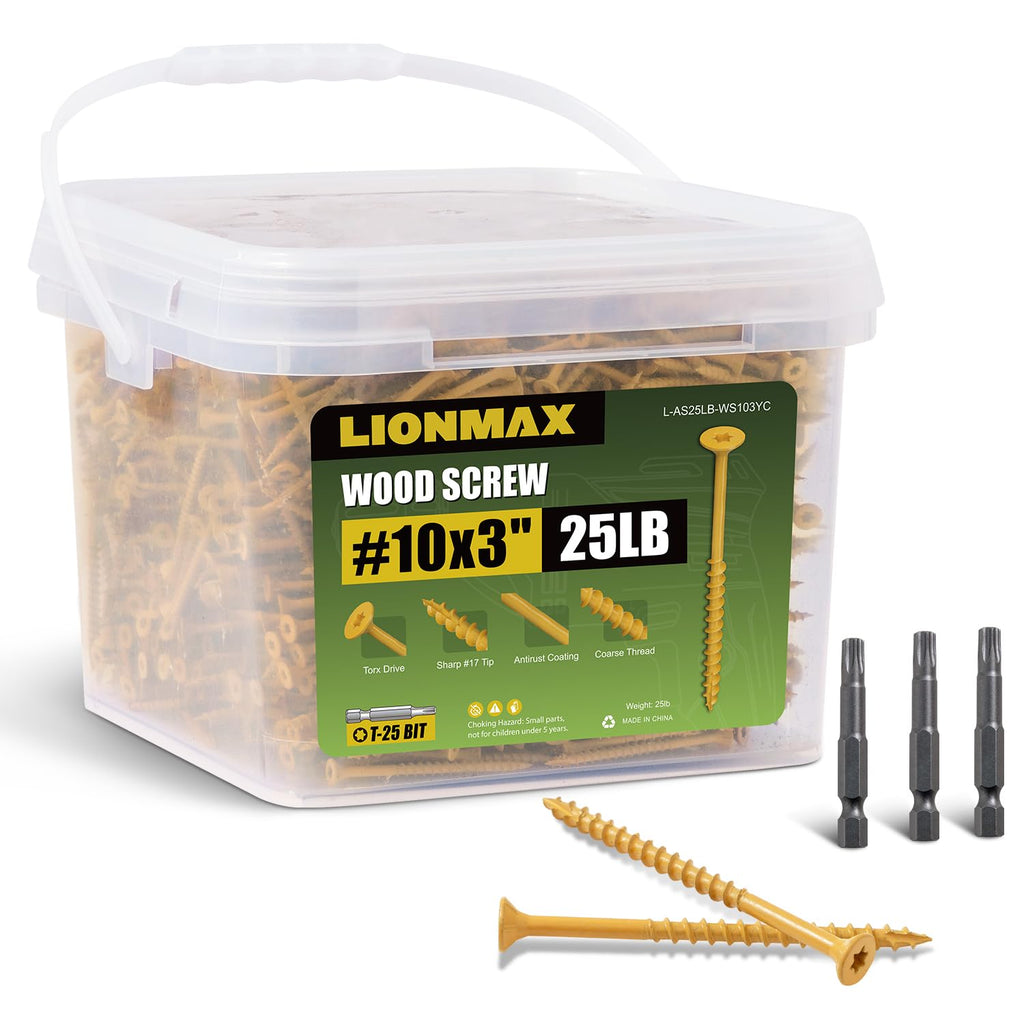 LIONMAX Deck Screws 3 Inch 25 lb Bulk, Wood Screws #10 x 3, Rust Resistant, Exterior Epoxy Coated for Outdoor Projects, Torx Drive, Coarse Thread, T25 Star Bit Included, Tan, 1700 Pieces
