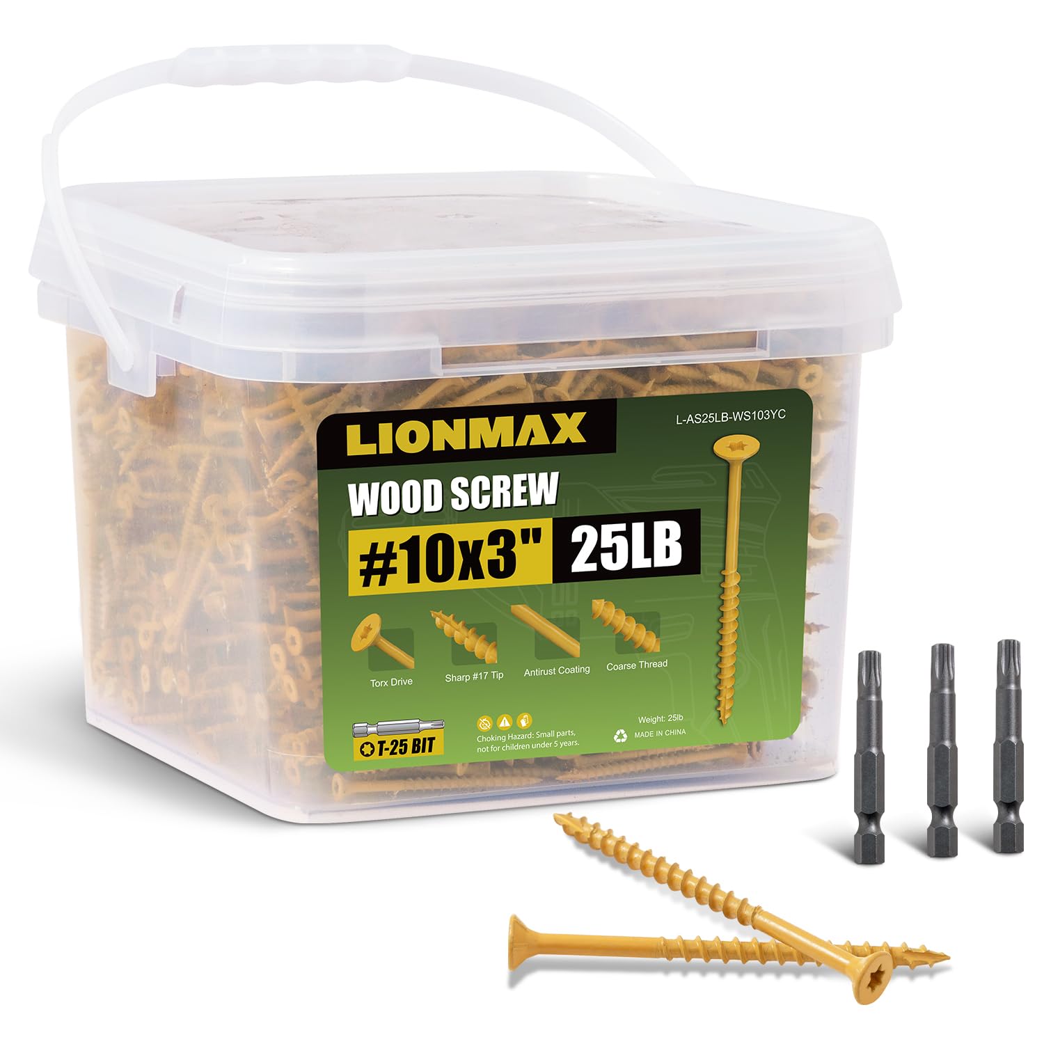 LIONMAX Deck Screws 3 Inch 25 lb Bulk, Wood Screws #10 x 3, Rust Resistant, Exterior Epoxy Coated for Outdoor Projects, Torx Drive, Coarse Thread, T25 Star Bit Included, Tan, 1700 Pieces