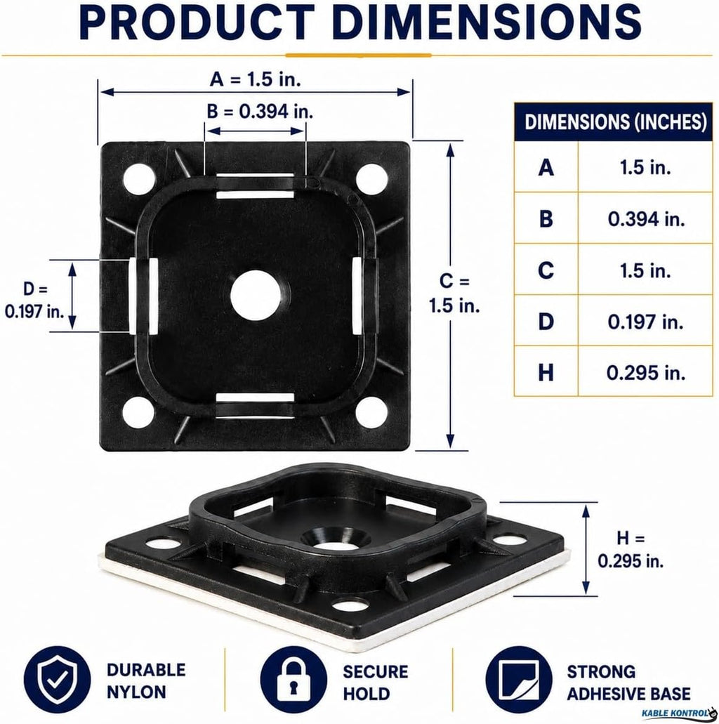 Kable Kontrol Zip Tie Mounts, 1-1/2' Sq, Black, 2500 Pcs Bulk Pack, Adhesive Backed Multi-Purpose UV-Resistant Mounting Squares Nylon Cable Tie Wrap Anchor Pads for Cable Management