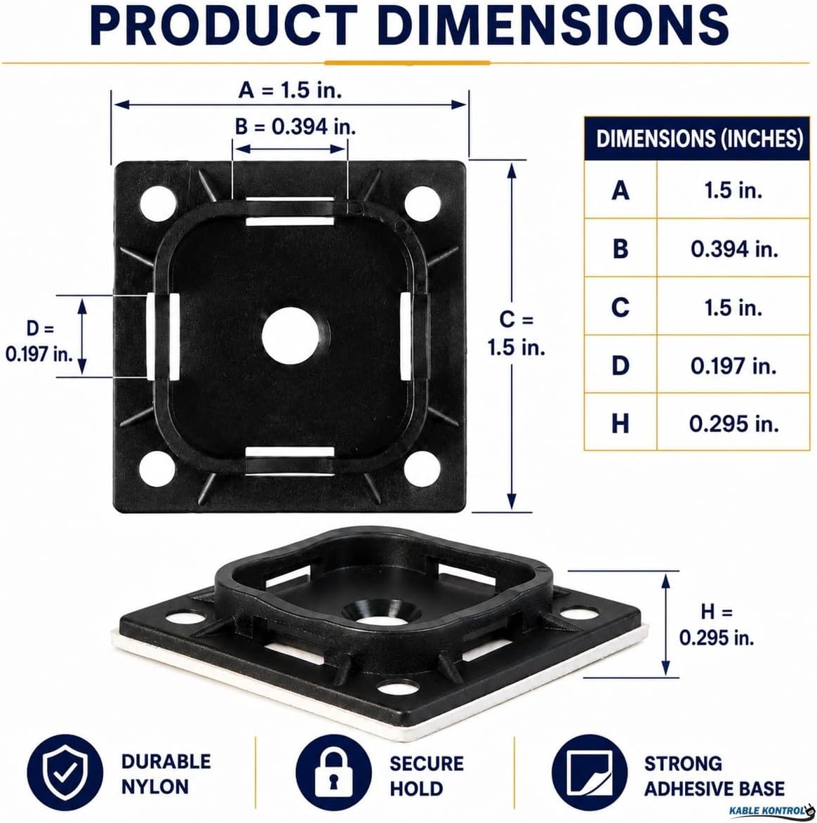 Kable Kontrol Zip Tie Mounts, 1-1/2' Sq, Black, 2500 Pcs Bulk Pack, Adhesive Backed Multi-Purpose UV-Resistant Mounting Squares Nylon Cable Tie Wrap Anchor Pads for Cable Management