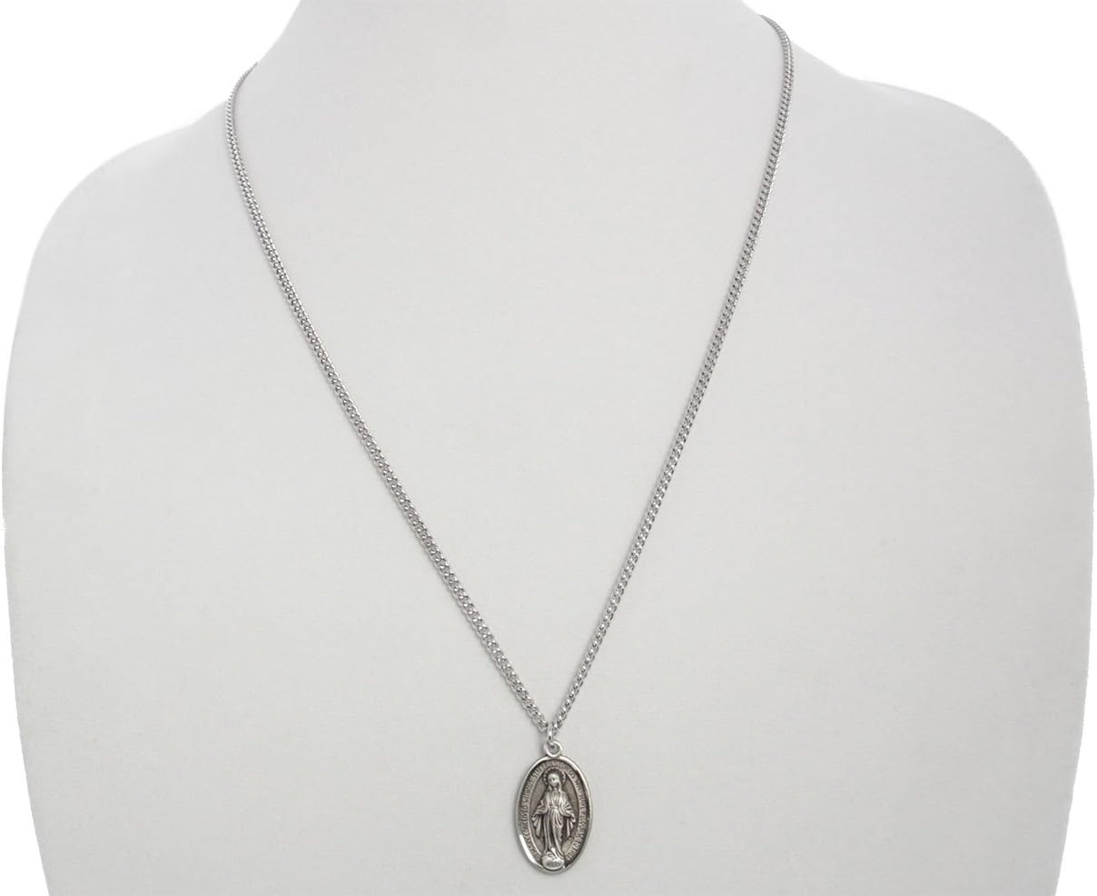 Heartland Store Men's Sterling Silver Classic Miraculous Medal Etched Border Necklace + USA Made + Chain Choice